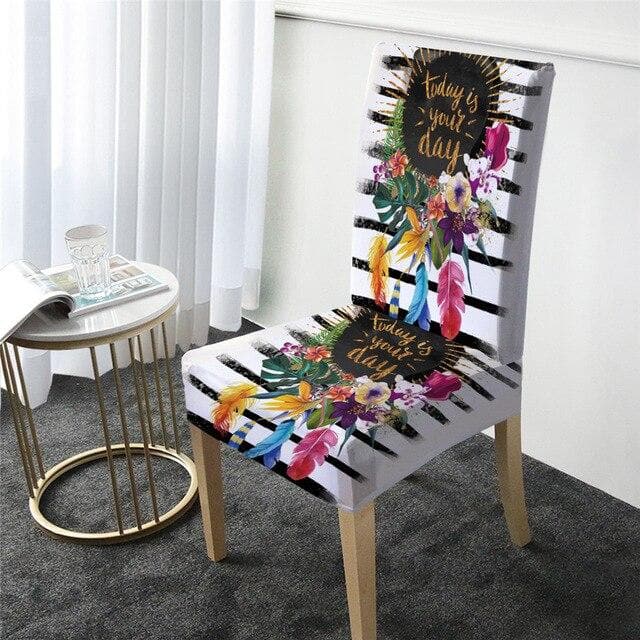 Funda Para Silla Floral Blanca Con Rayas Negras